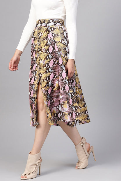 Women's Pink Python Flared Midi Skirt
