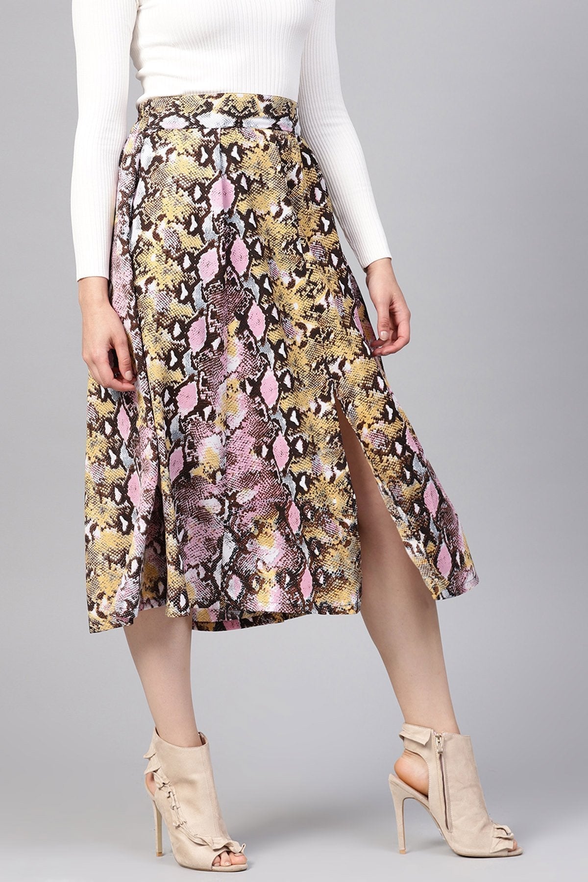 Women's Pink Python Flared Midi Skirt