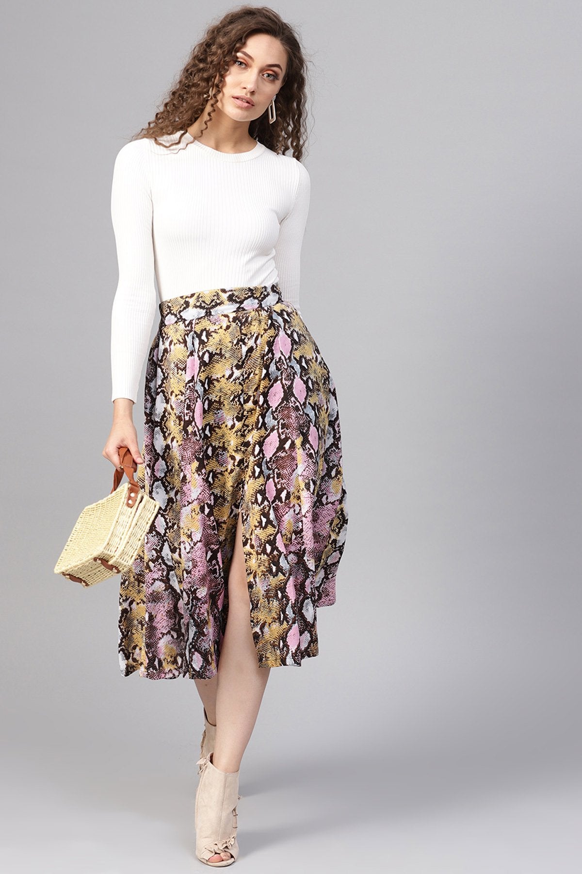 Women's Pink Python Flared Midi Skirt