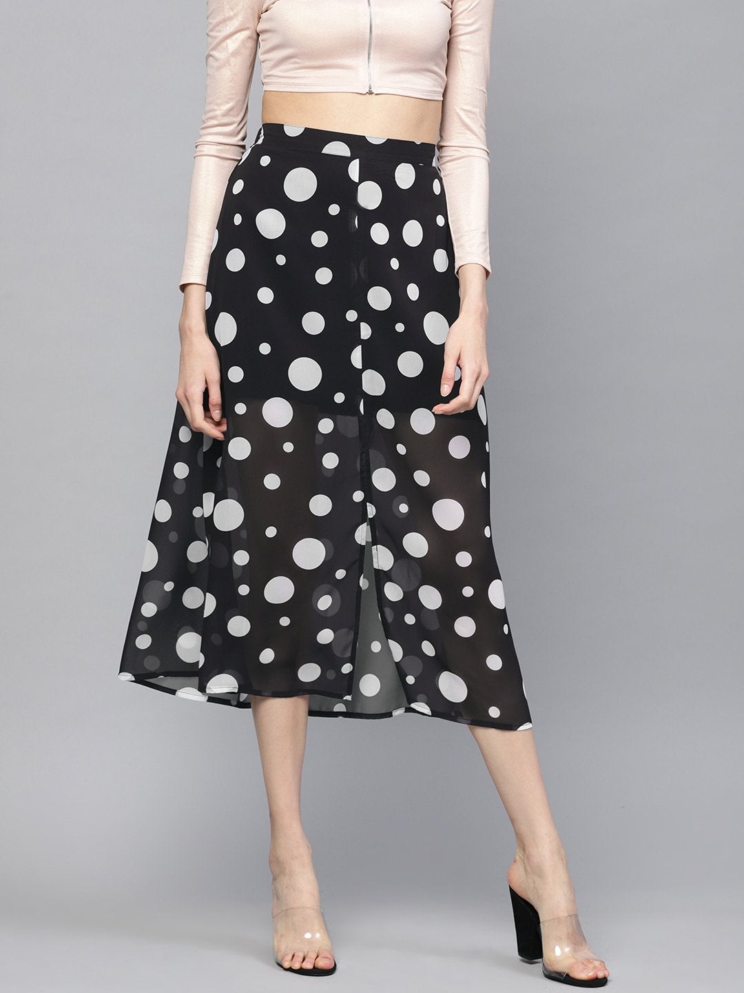 Women's Black Polka A-Line Maxi Skirt
