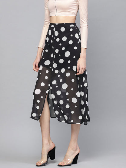 Women's Black Polka A-Line Maxi Skirt