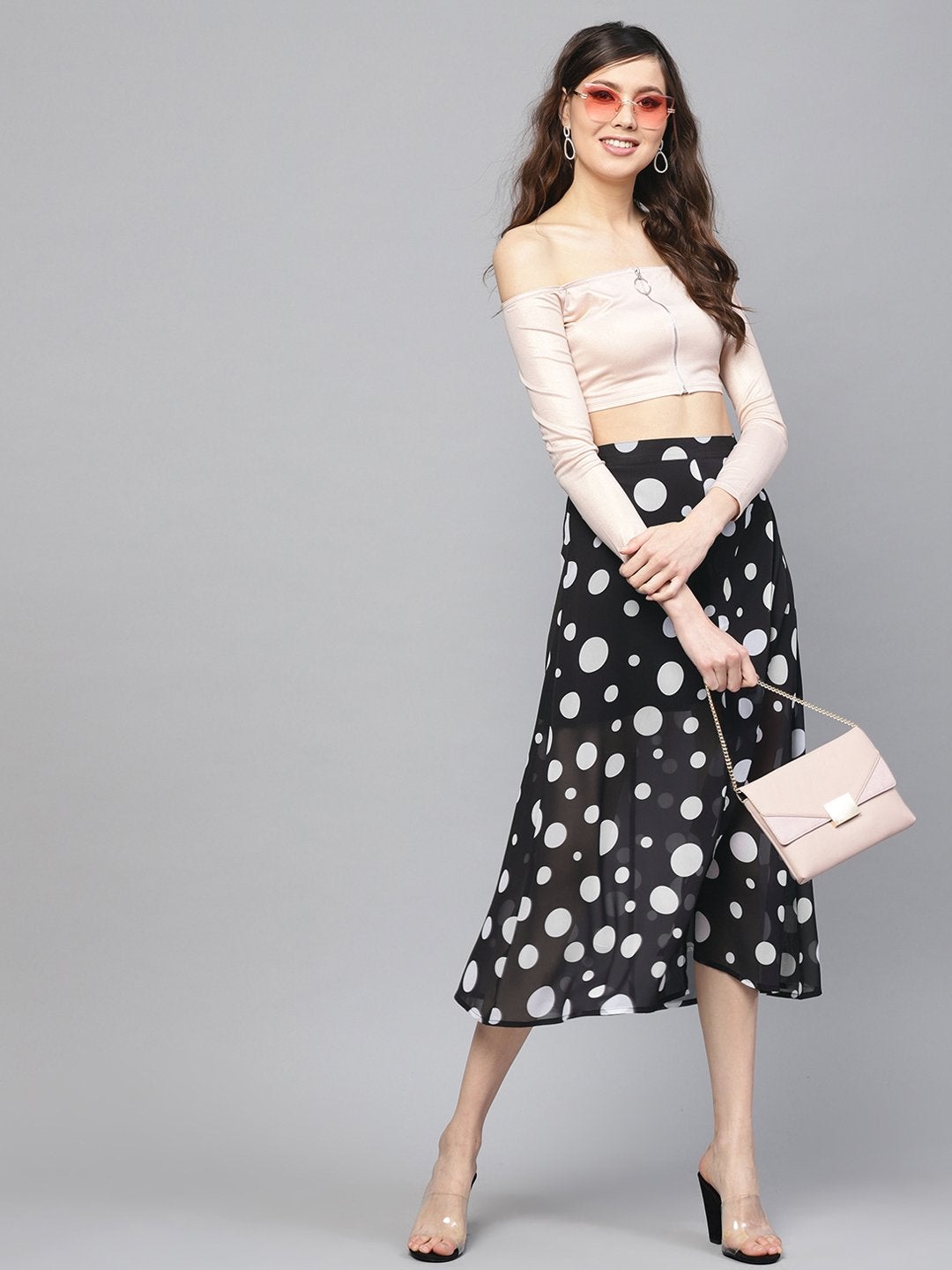 Women's Black Polka A-Line Maxi Skirt