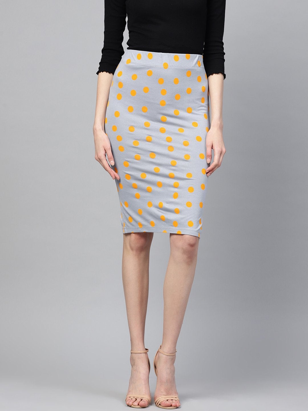 Women's Grey Yellow Polka Pencil Skirt