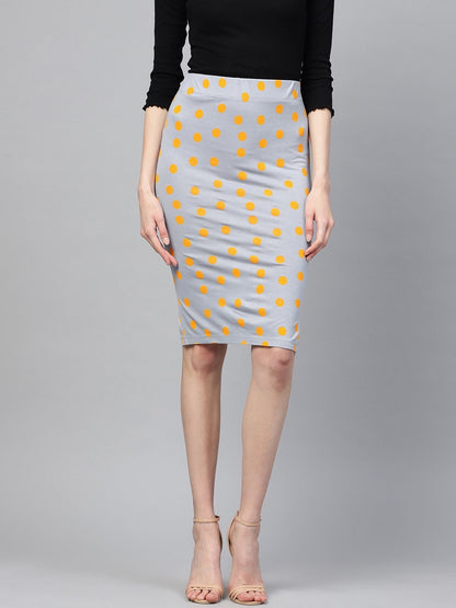 Women's Grey Yellow Polka Pencil Skirt