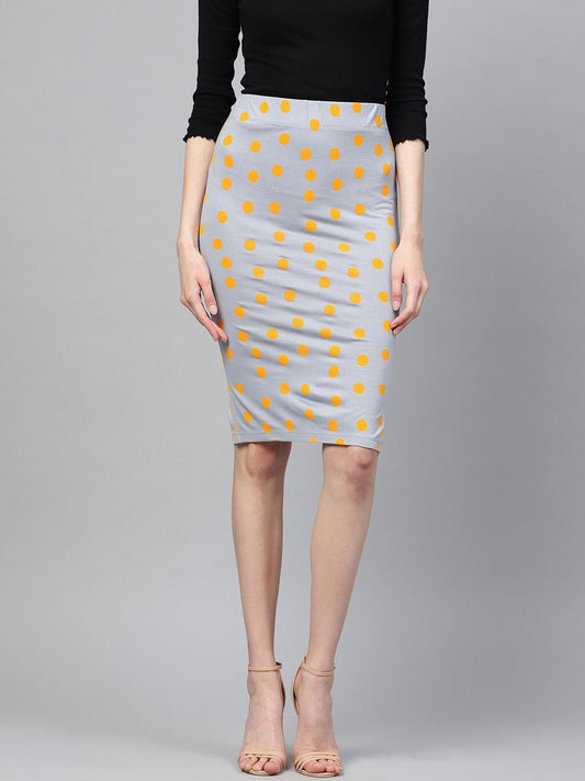 Women's Grey Yellow Polka Pencil Skirt