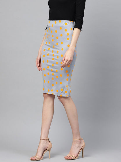 Women's Grey Yellow Polka Pencil Skirt