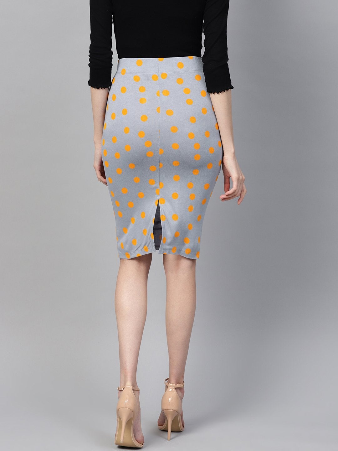 Women's Grey Yellow Polka Pencil Skirt
