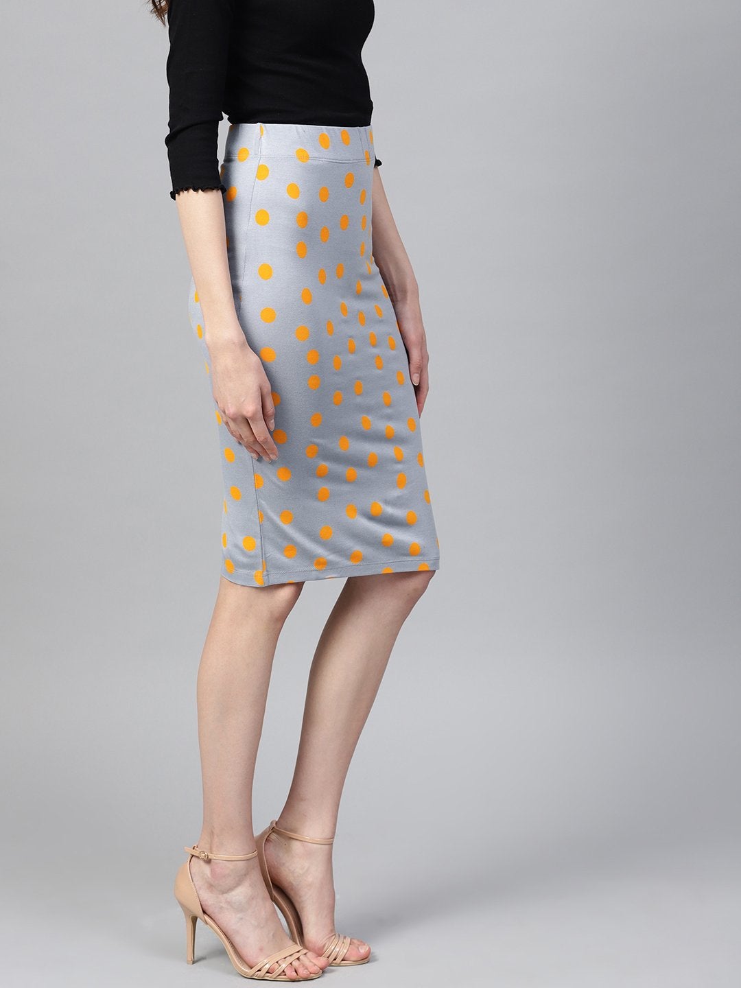 Women's Grey Yellow Polka Pencil Skirt
