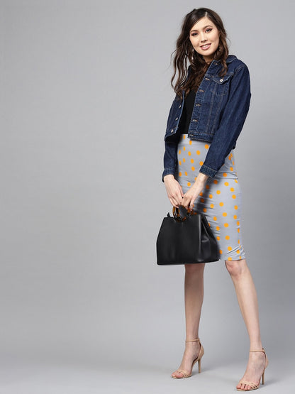 Women's Grey Yellow Polka Pencil Skirt