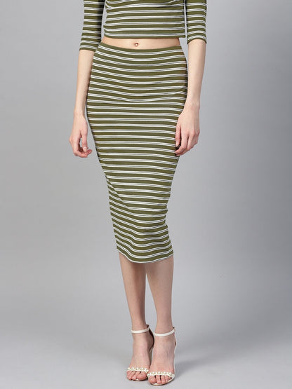 Women's Olive White Stripe Pencil Skirt