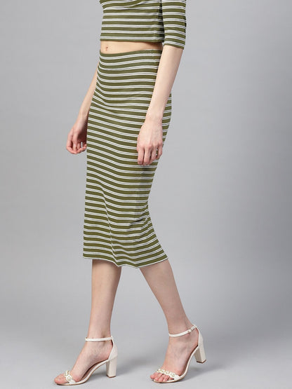 Women's Olive White Stripe Pencil Skirt