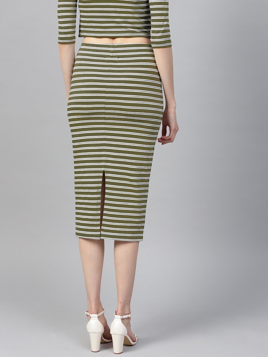 Women's Olive White Stripe Pencil Skirt