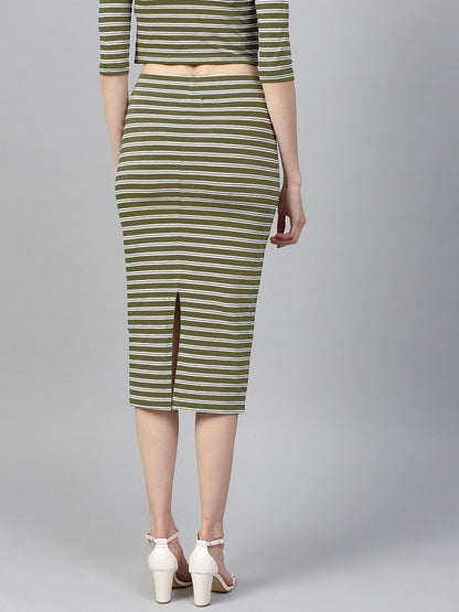 Women's Olive White Stripe Pencil Skirt