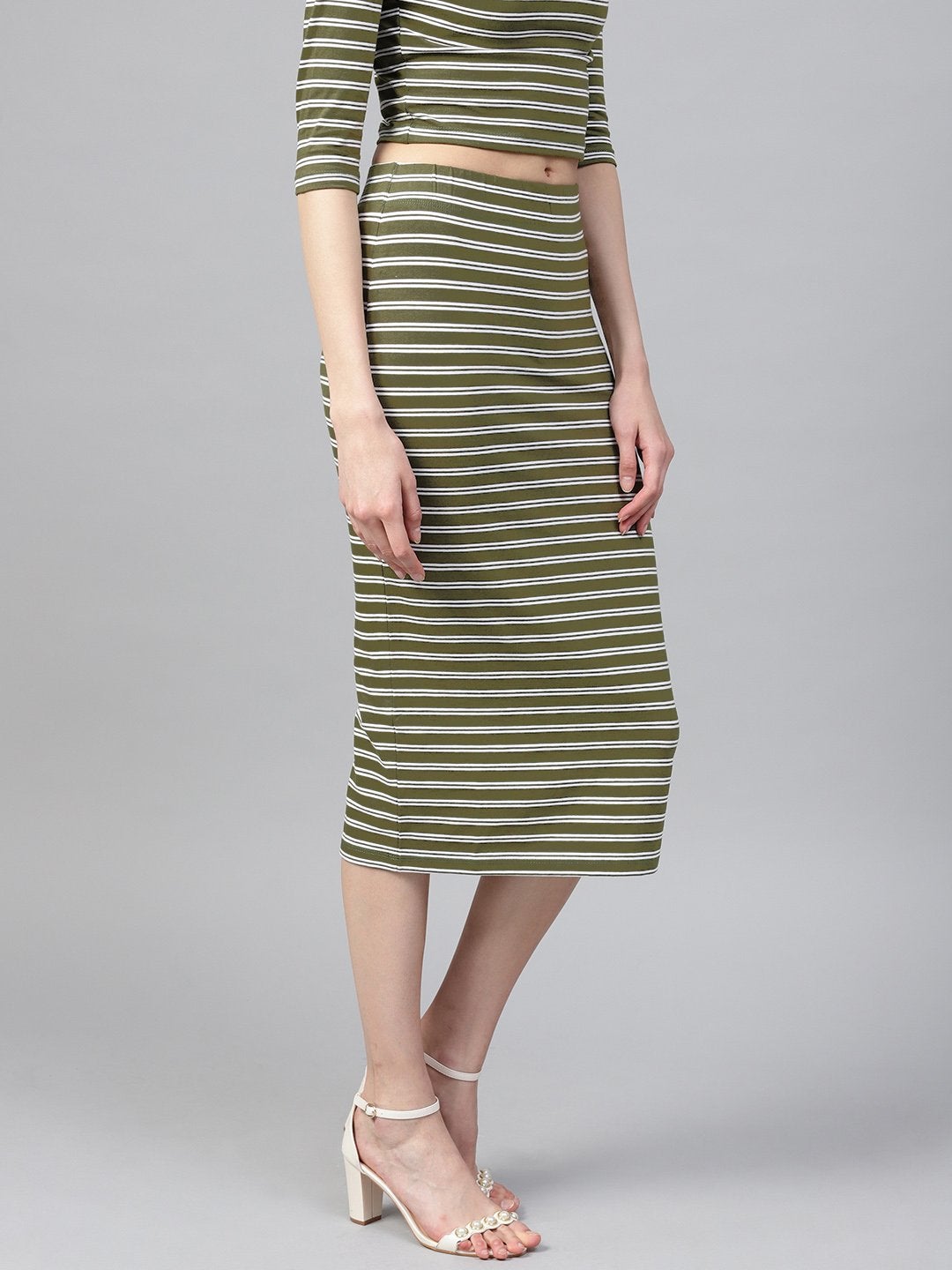 Women's Olive White Stripe Pencil Skirt