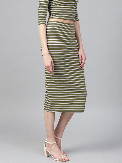 Women's Olive White Stripe Pencil Skirt