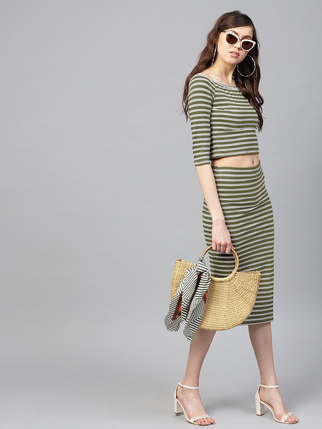 Women's Olive White Stripe Pencil Skirt