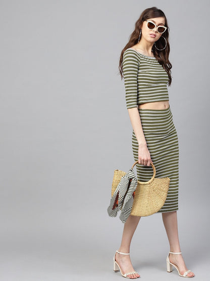 Women's Olive White Stripe Pencil Skirt