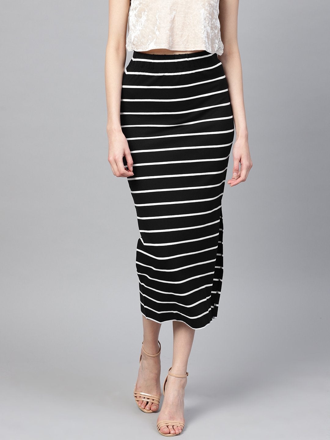 Women's Black White Stripe Maxi Pencil Skirt