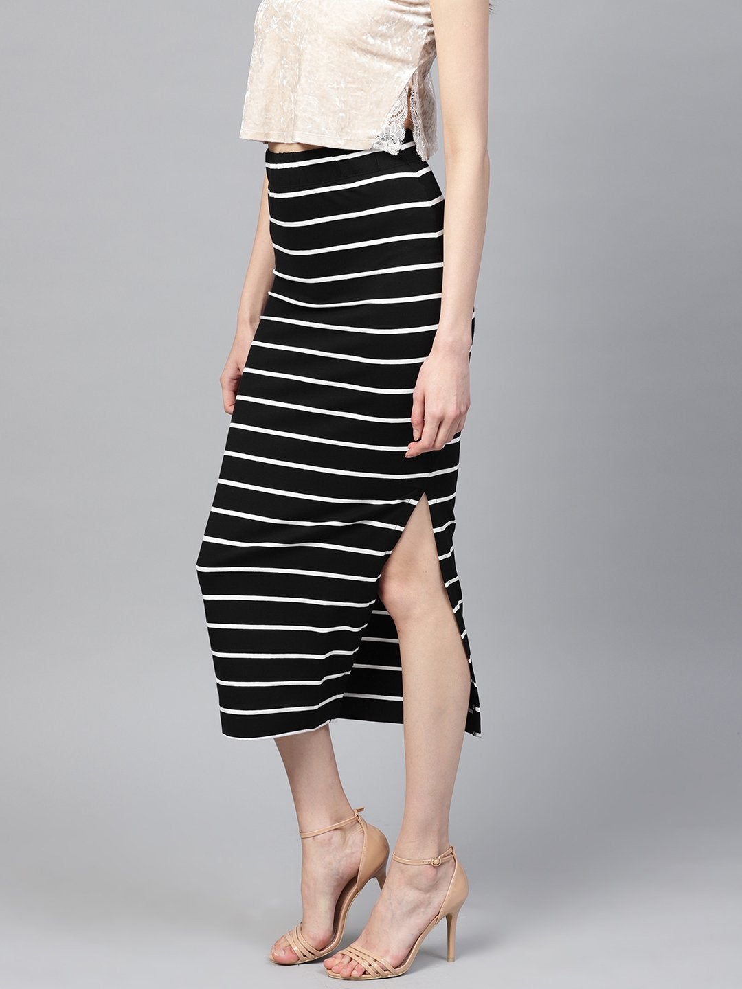 Women's Black White Stripe Maxi Pencil Skirt