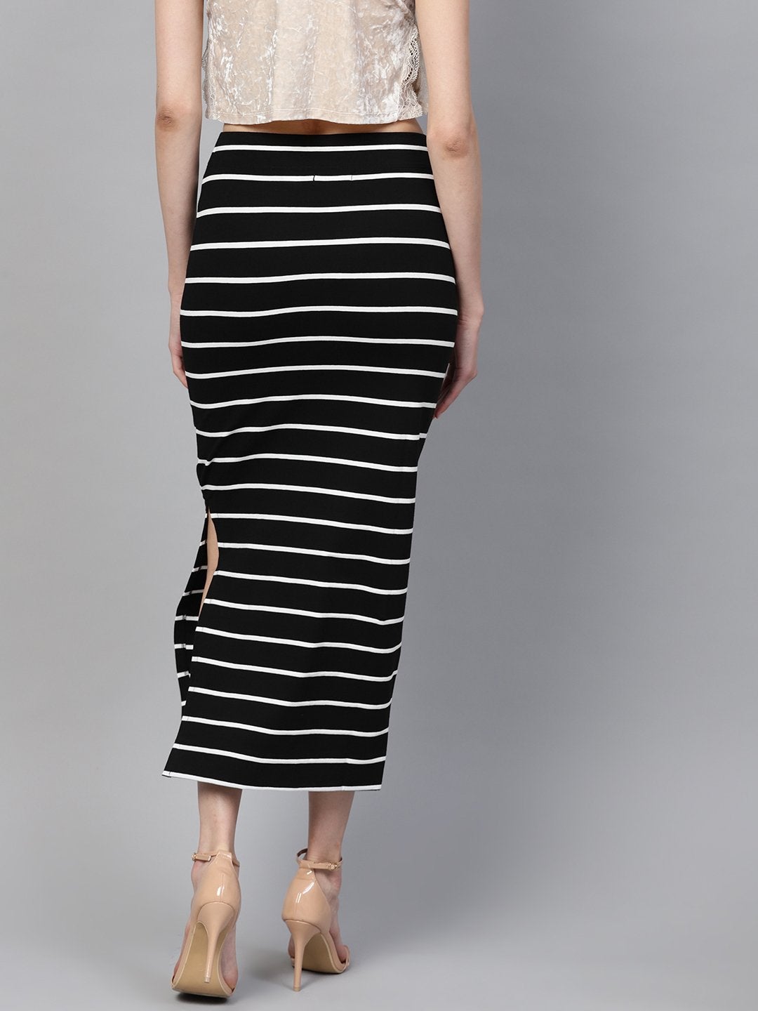Women's Black White Stripe Maxi Pencil Skirt