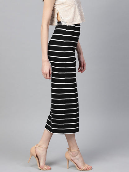 Women's Black White Stripe Maxi Pencil Skirt