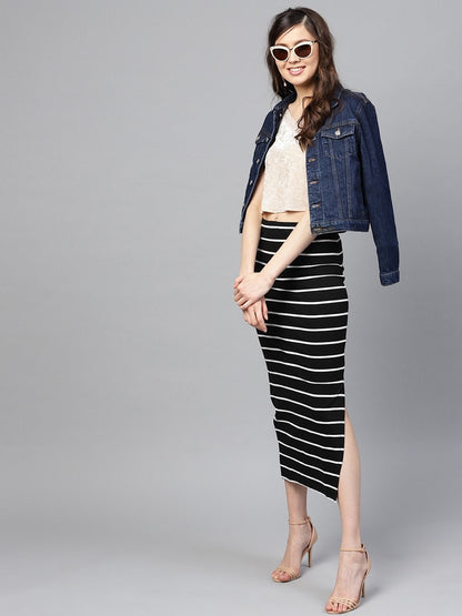 Women's Black White Stripe Maxi Pencil Skirt