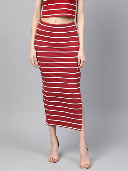 Women's Maroon White Stripe Maxi Pencil Skirt