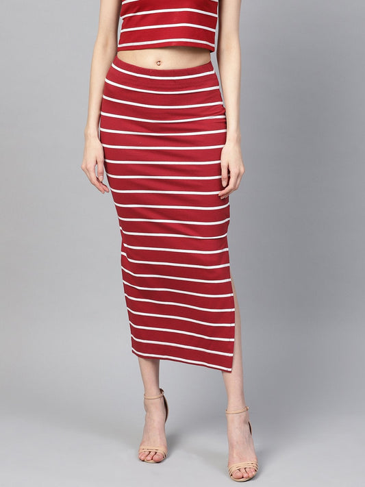 Women's Maroon White Stripe Maxi Pencil Skirt