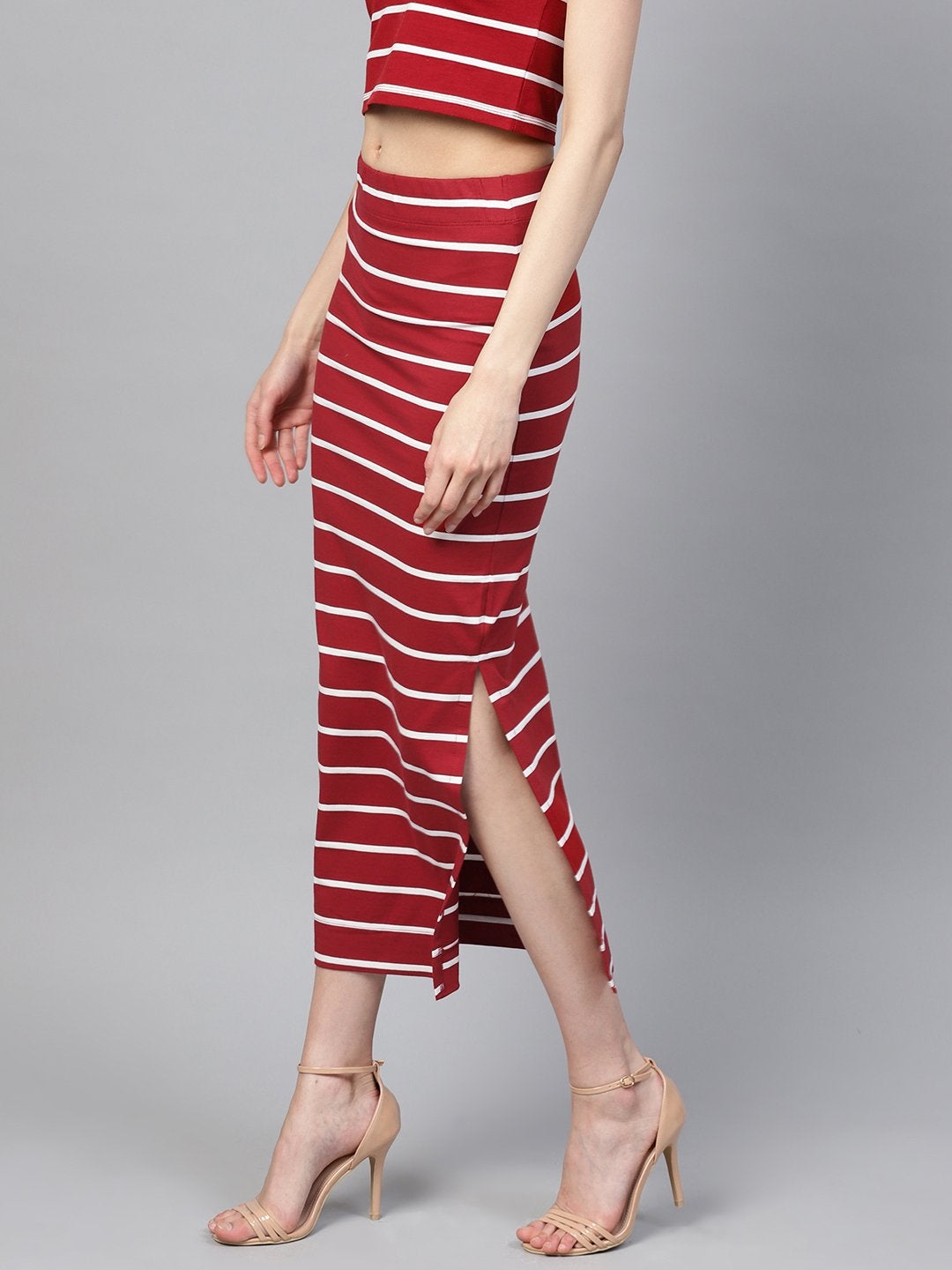 Women's Maroon White Stripe Maxi Pencil Skirt
