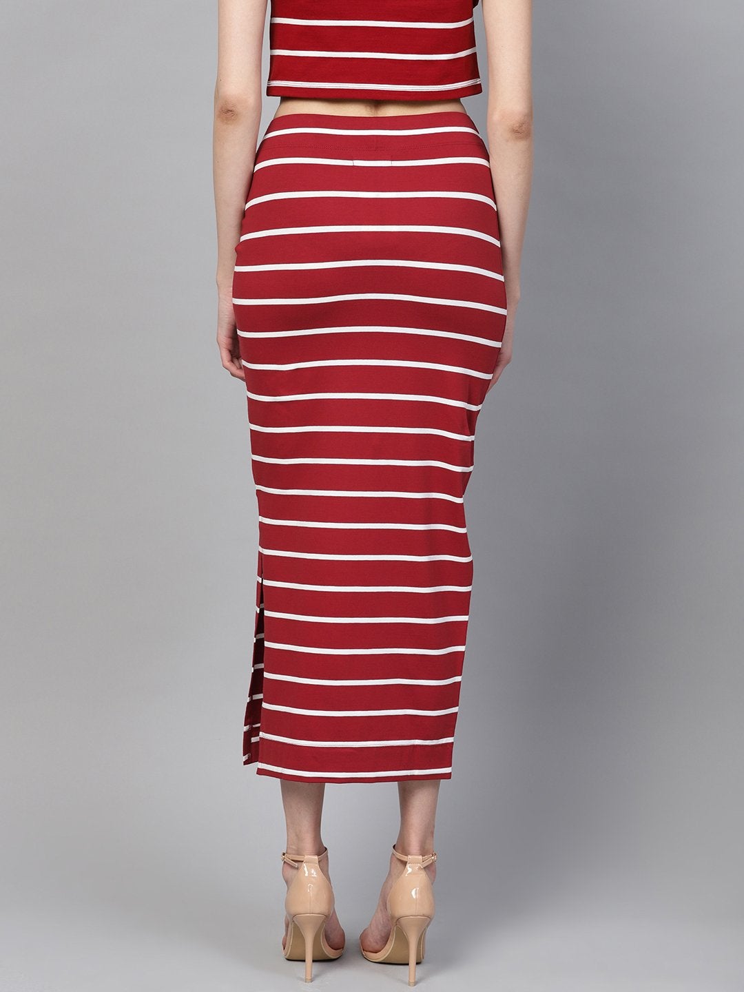 Women's Maroon White Stripe Maxi Pencil Skirt