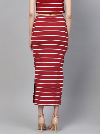 Women's Maroon White Stripe Maxi Pencil Skirt