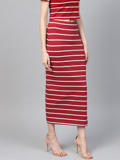 Women's Maroon White Stripe Maxi Pencil Skirt