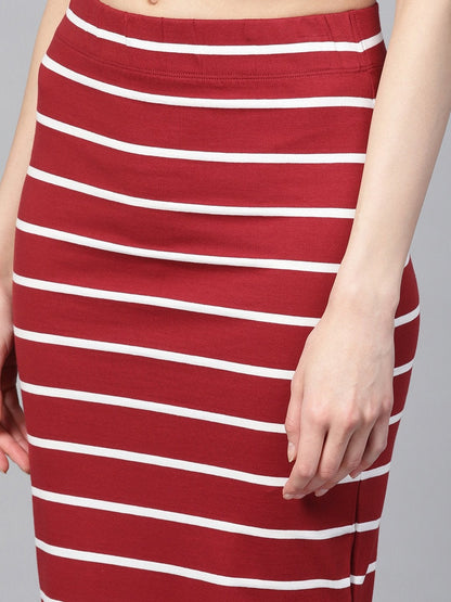 Women's Maroon White Stripe Maxi Pencil Skirt