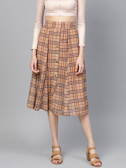 Women's Brown Check Flared Skirt