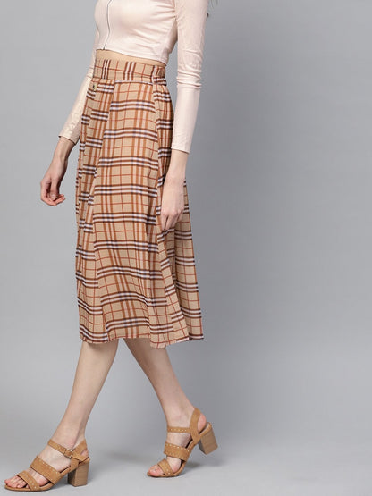 Women's Brown Check Flared Skirt