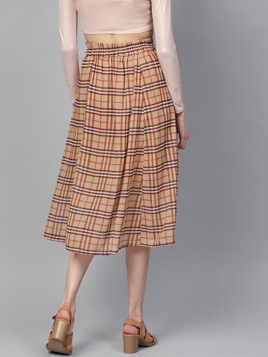 Women's Brown Check Flared Skirt