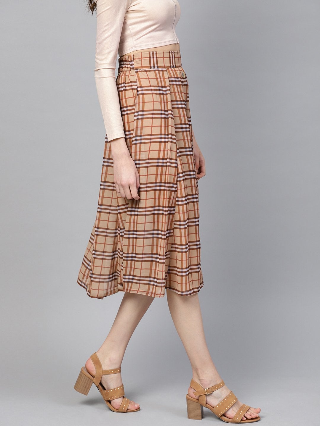 Women's Brown Check Flared Skirt