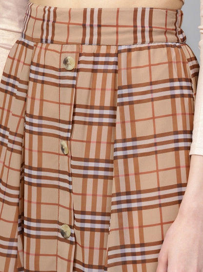 Women's Brown Check Flared Skirt