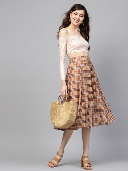 Women's Brown Check Flared Skirt