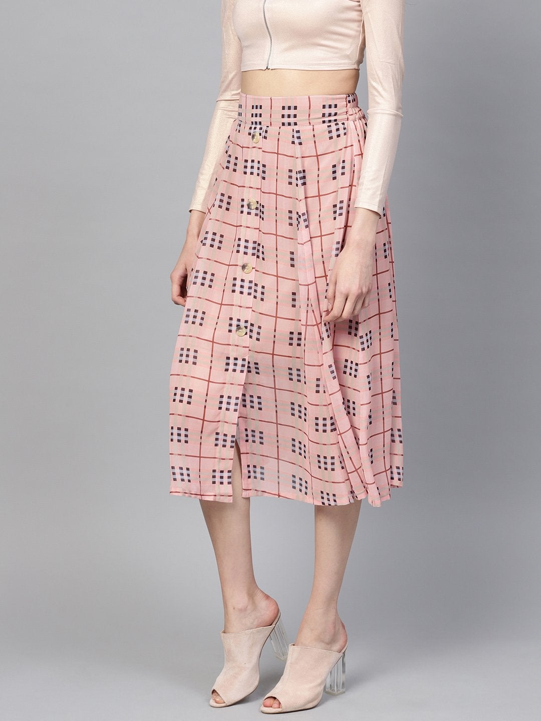 Women's Pink Check Flared Skirt