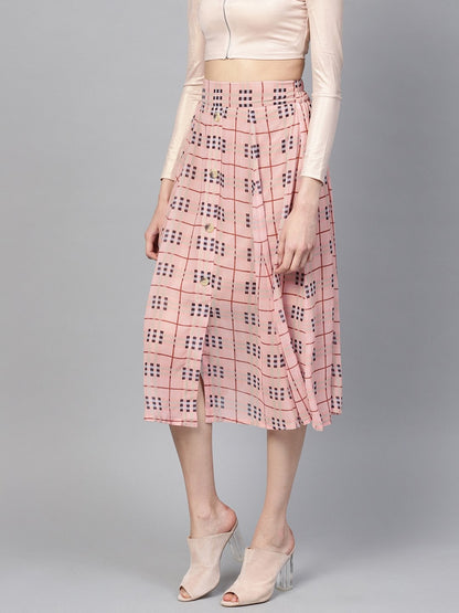 Women's Pink Check Flared Skirt