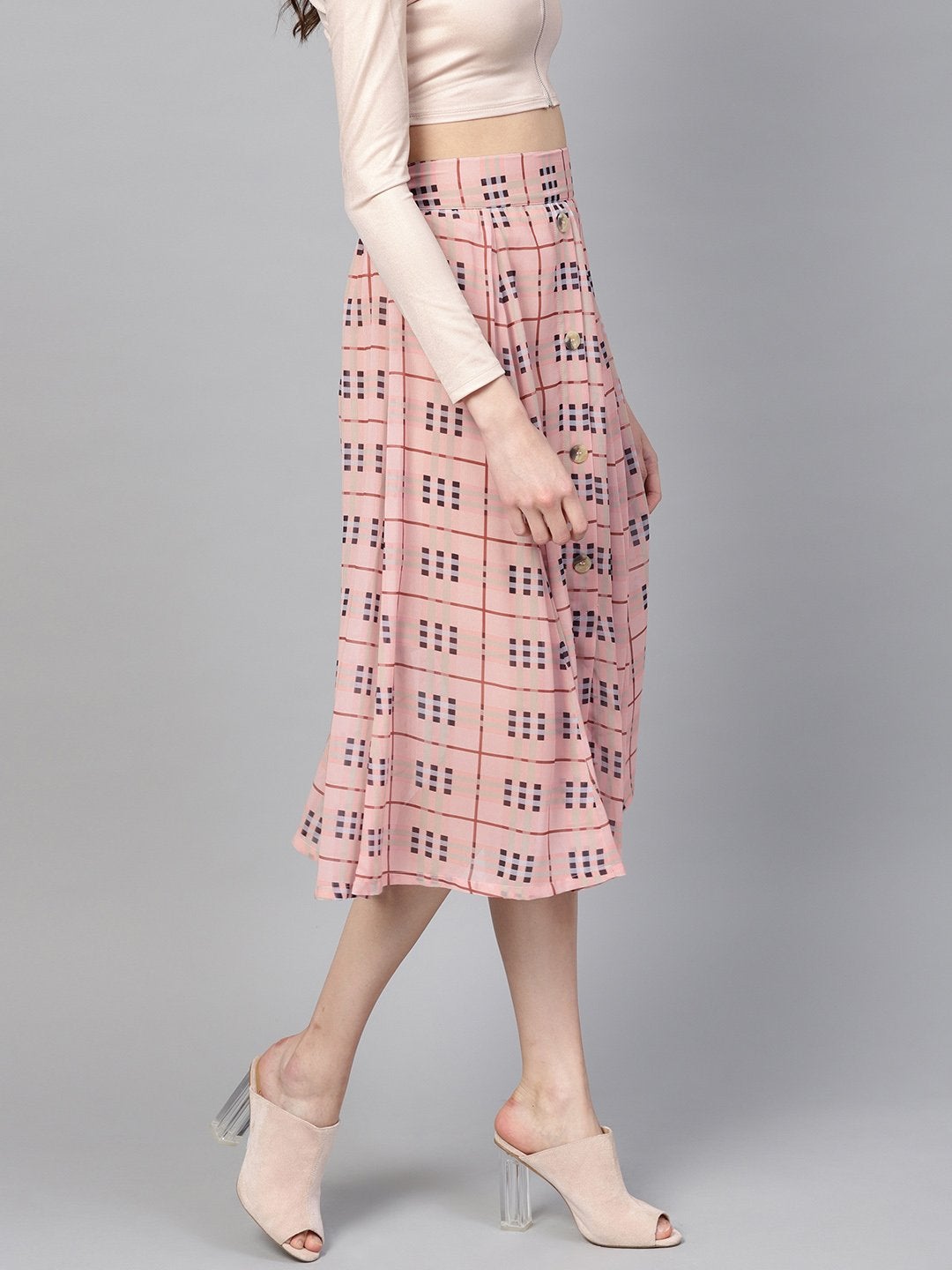 Women's Pink Check Flared Skirt
