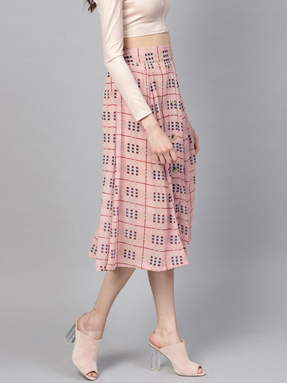 Women's Pink Check Flared Skirt