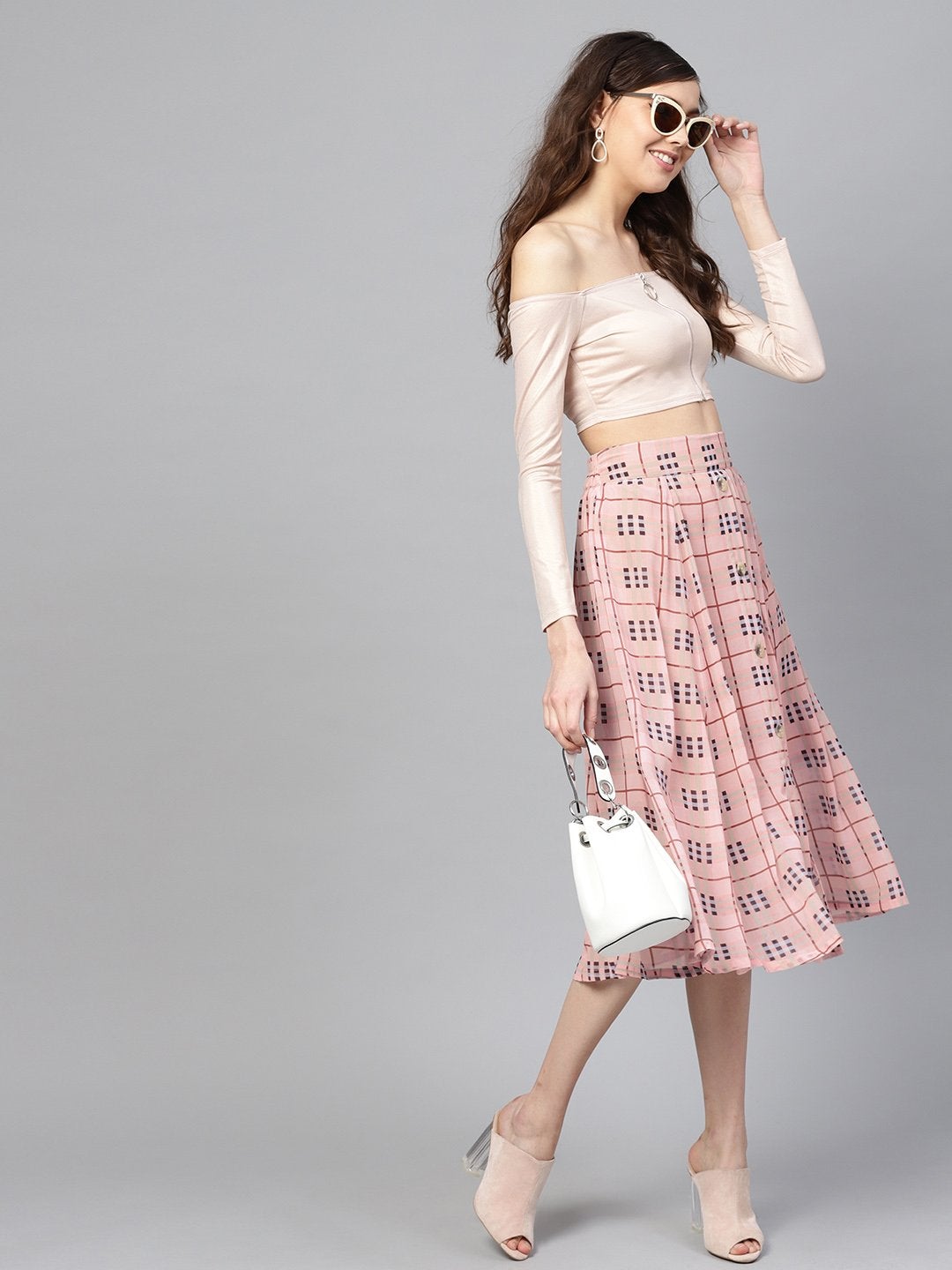 Women's Pink Check Flared Skirt