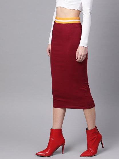 Women's Maroon Midi Athleisure Pencil Skirt