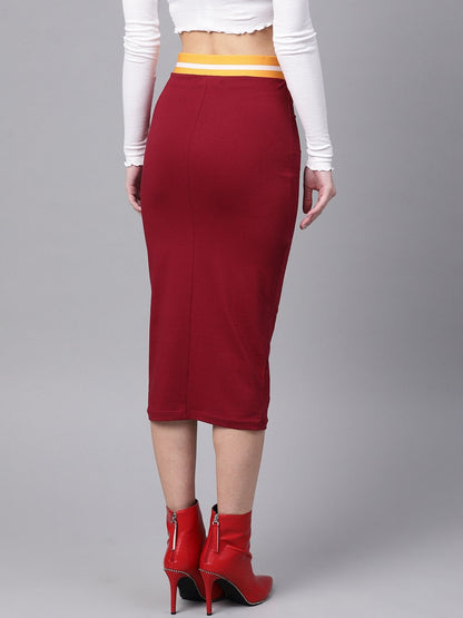 Women's Maroon Midi Athleisure Pencil Skirt