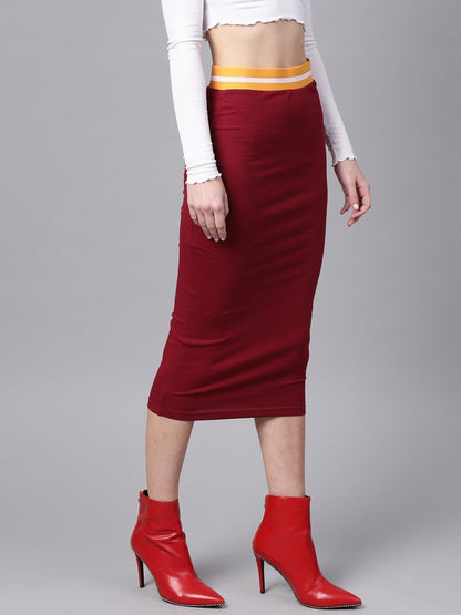 Women's Maroon Midi Athleisure Pencil Skirt