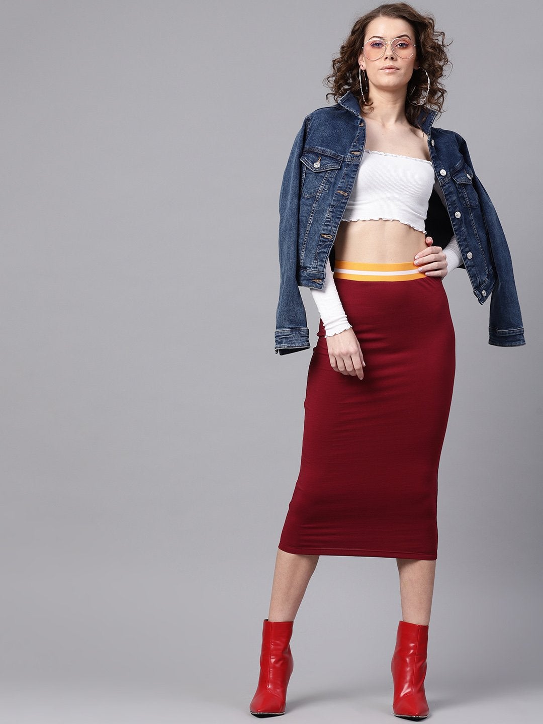 Women's Maroon Midi Athleisure Pencil Skirt