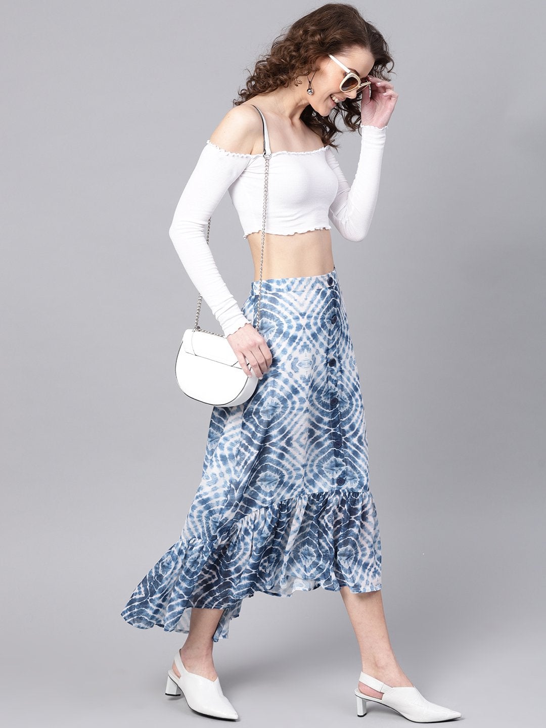 Women's Blue & White High Low Skirt