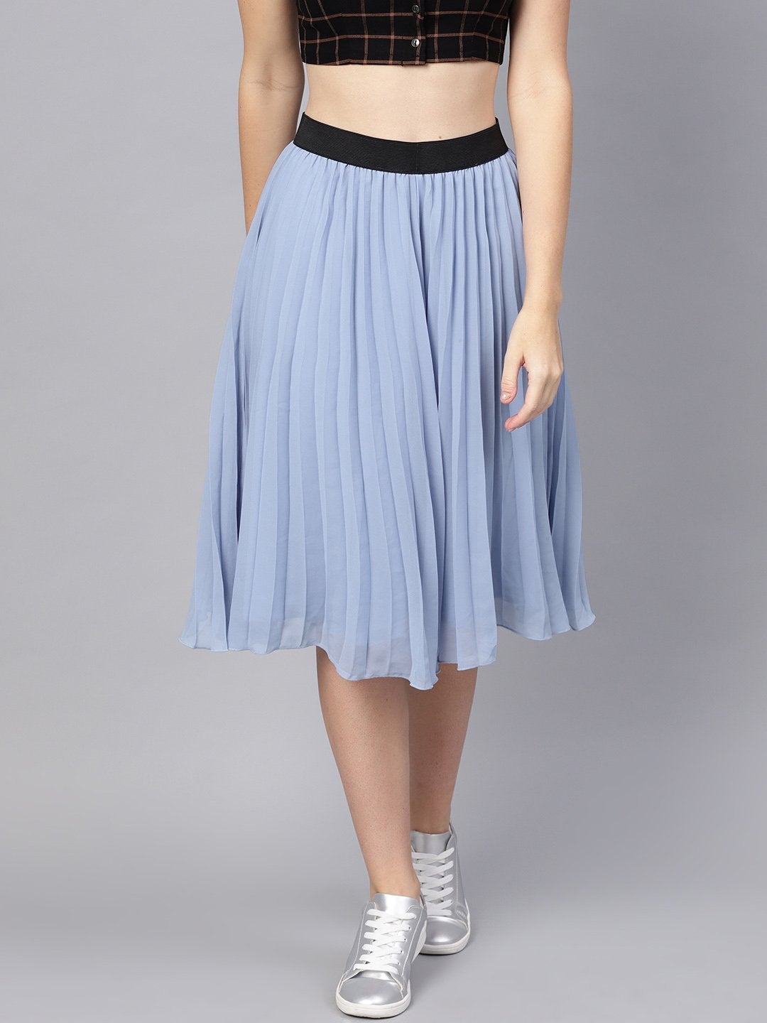 Women's Blue Pleated Flared Midi Skirt